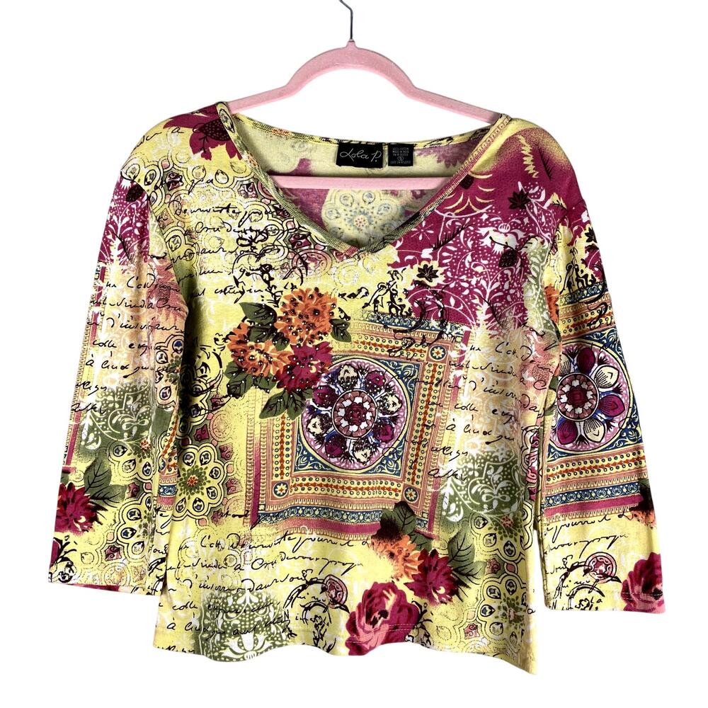 Lola P. vtg y2k beaded graphic aop floral boho whimsy coquette hippie blouse s